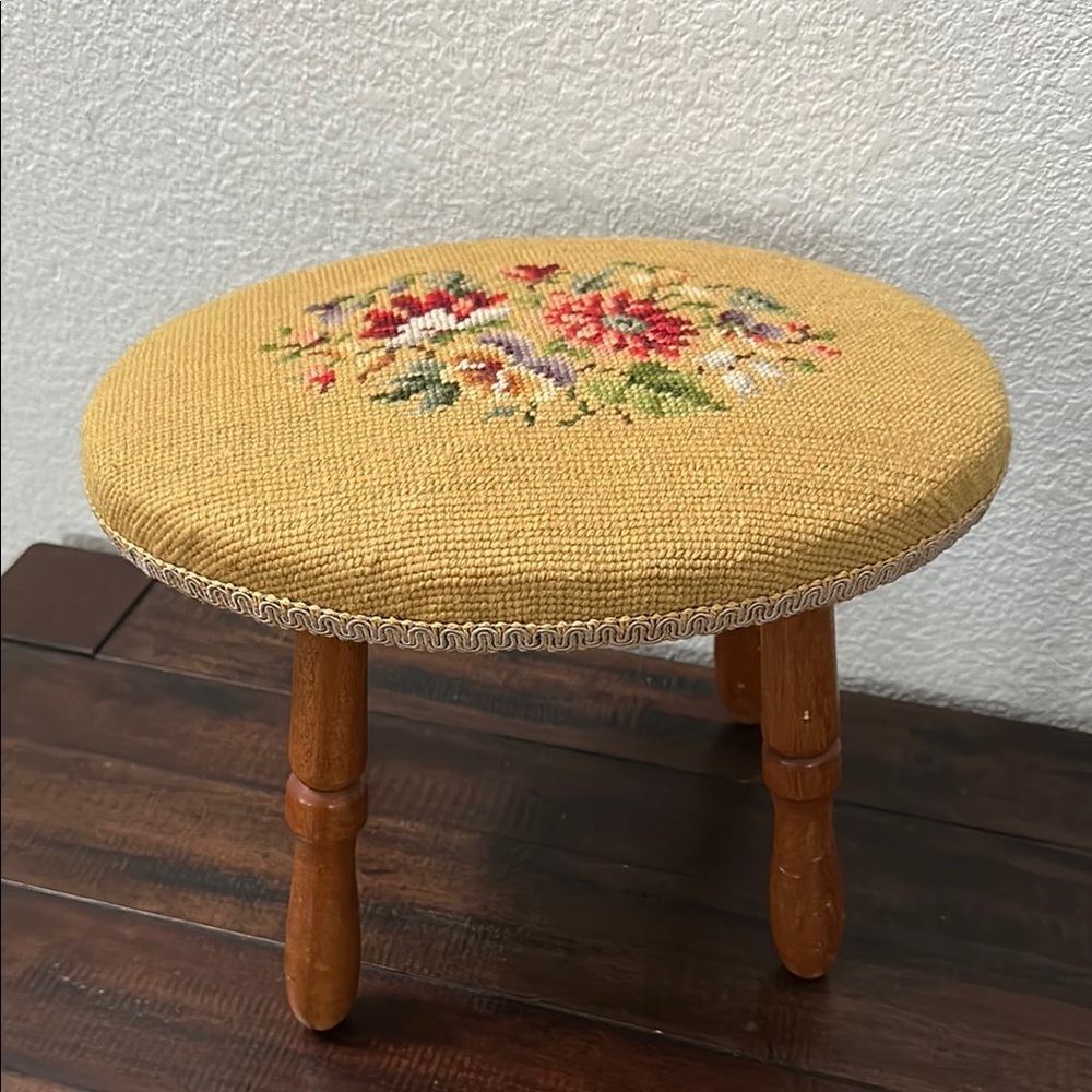 Vintage hand, needlepoint, footstool, small wood, adorable cottage core stool